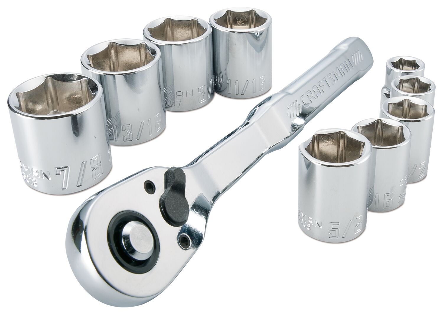 CRAFTSMAN 10 Piece 3/8 inch SAE Mechanics Tool Set Laid Out on White Background