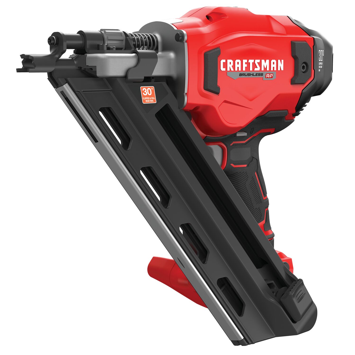 A close-up image of a Craftsman brushless cordless framing nailer, showing its angled magazine and ergonomic red and black handle.