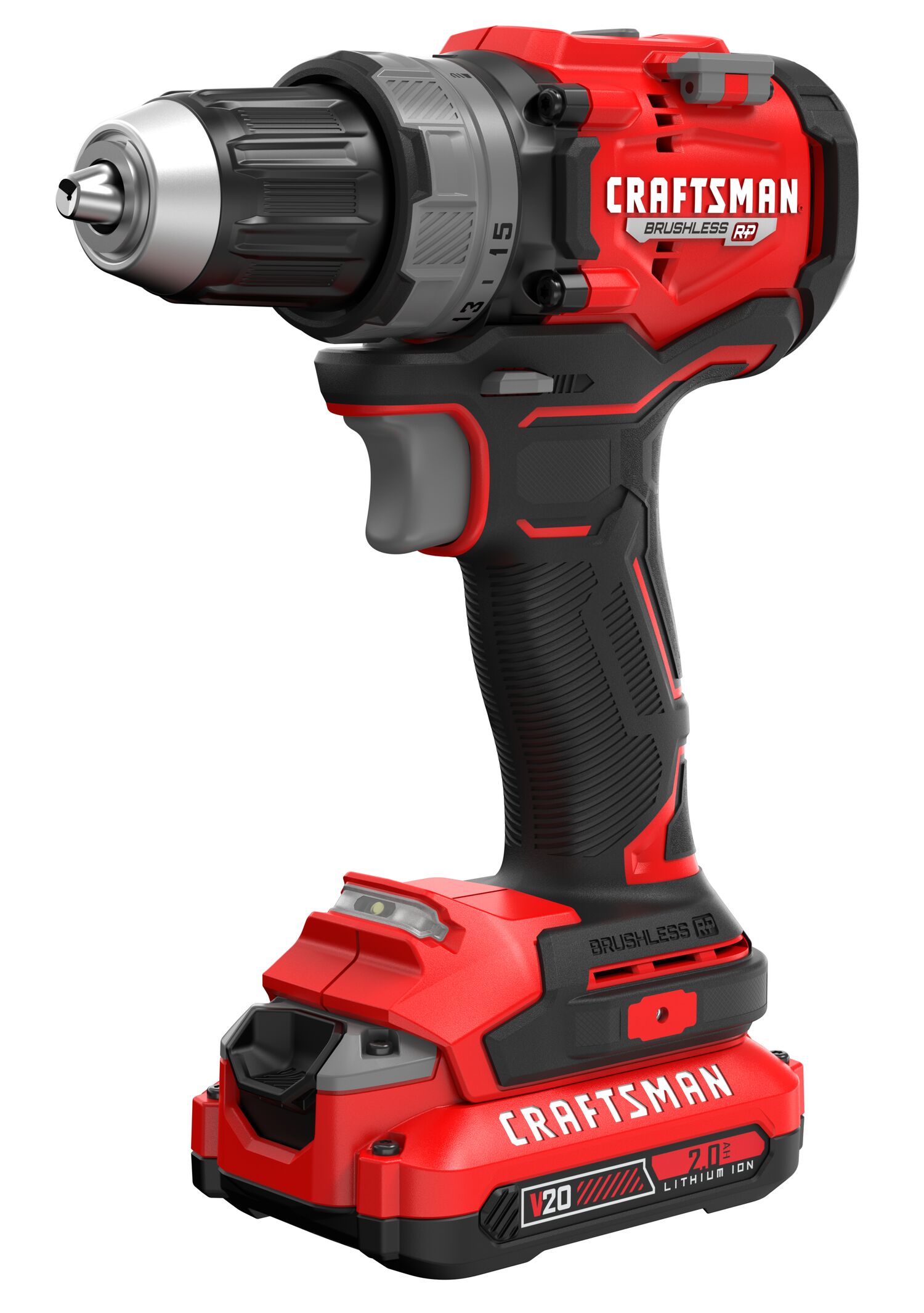 A red and black cordless power drill with a lithium-ion battery, featuring the brand name 'Craftsman' and brushless technology.