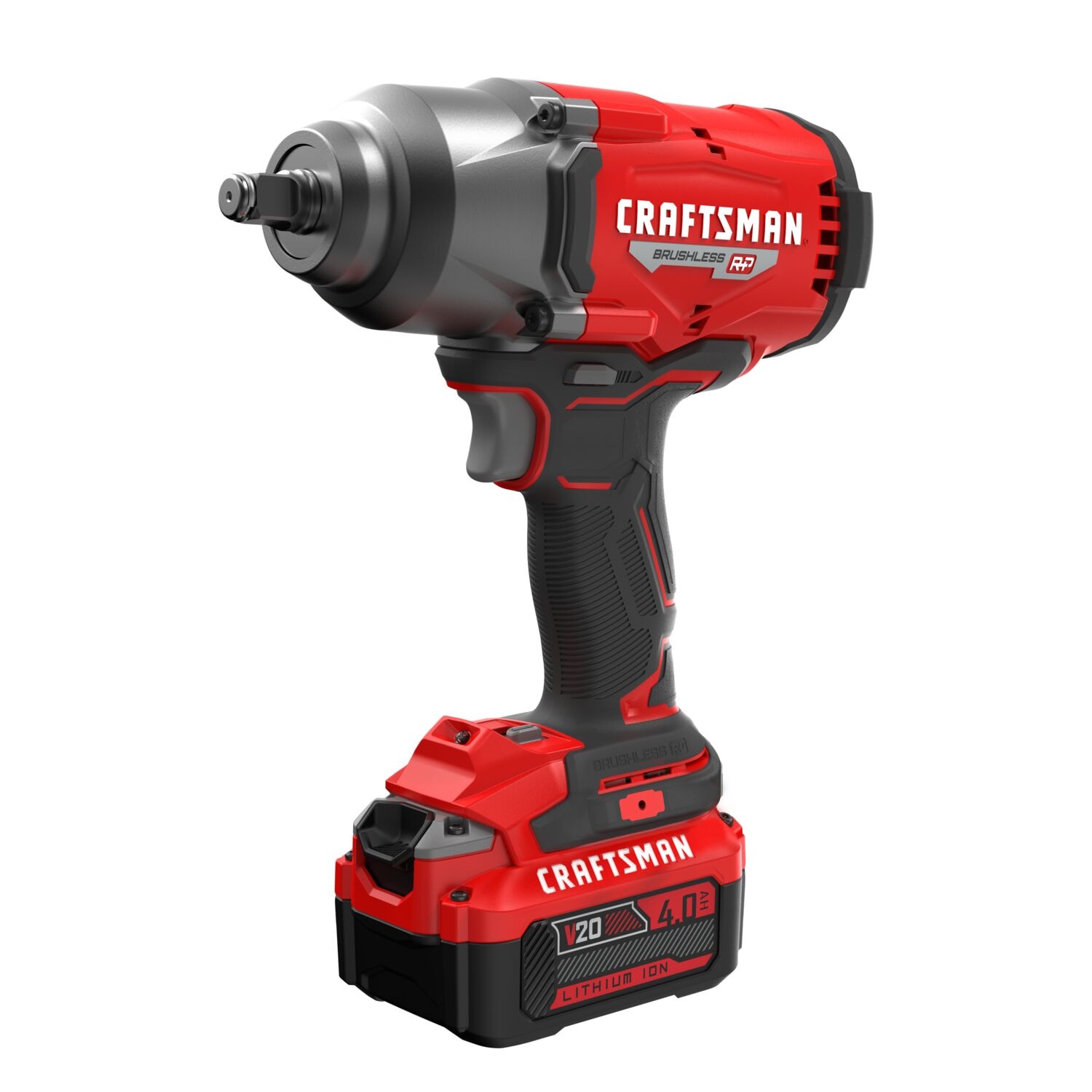 A red and black cordless impact wrench with the brand name 'Craftsman' and 'Brushless' printed on the side. The tool has a lithium ion battery attached at the base and is designed for heavy-duty fastening applications.