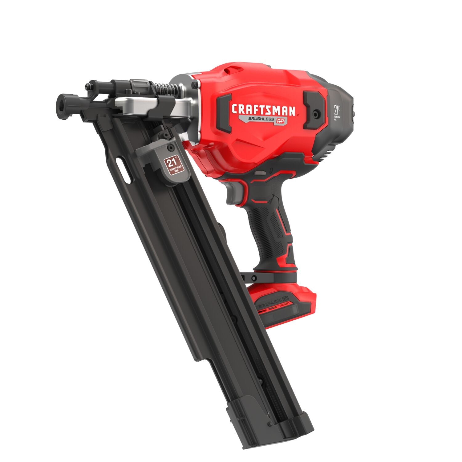 A red and black Craftsman brushless cordless framing nailer with a 21-degree magazine for nails. The tool features a comfortable handle and trigger, and is designed for heavy-duty construction and carpentry applications.