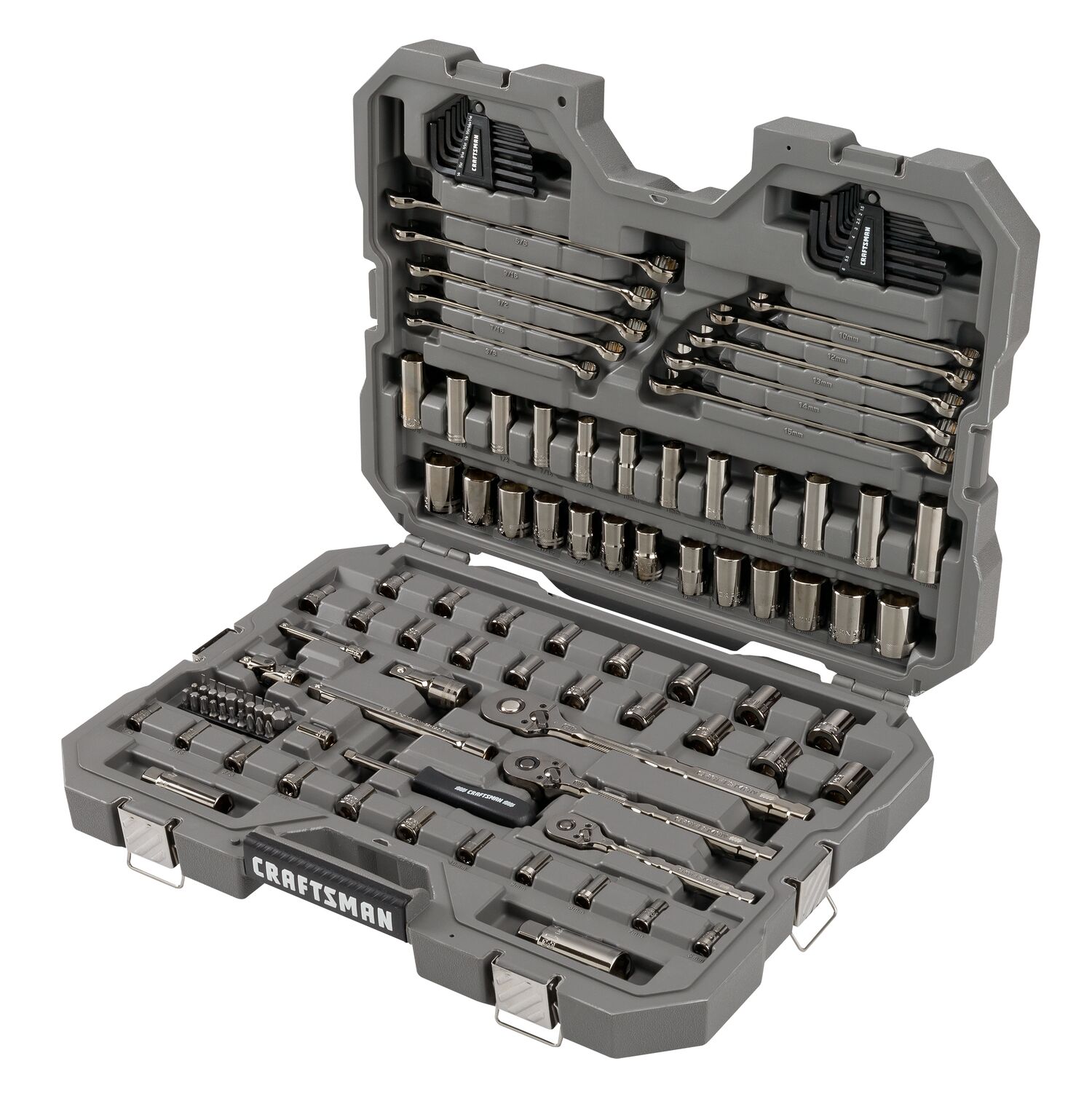 A gray Craftsman toolset case opened to display a variety of hand tools including wrenches, ratchets, sockets, and screwdriver bits organized in labeled compartments.