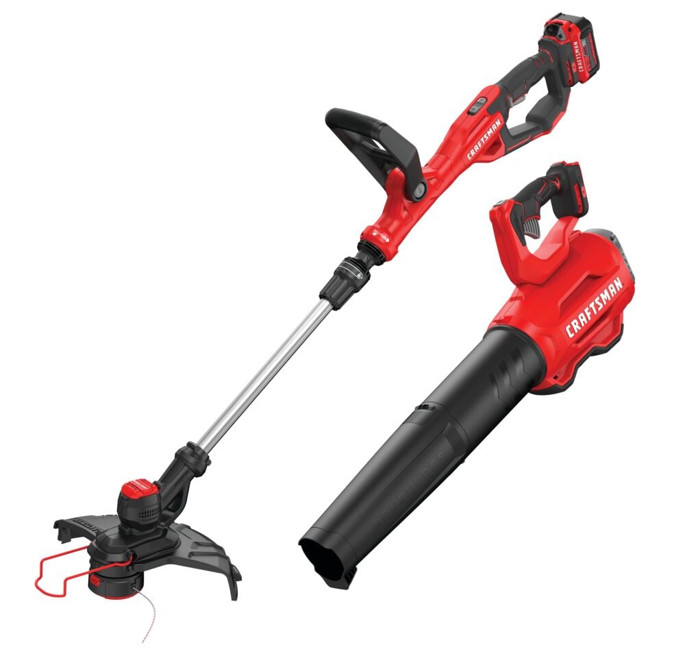 Photo of Craftsman CMCK297M1 cordless blower and string trimmer set, red and black, front angle on white background.