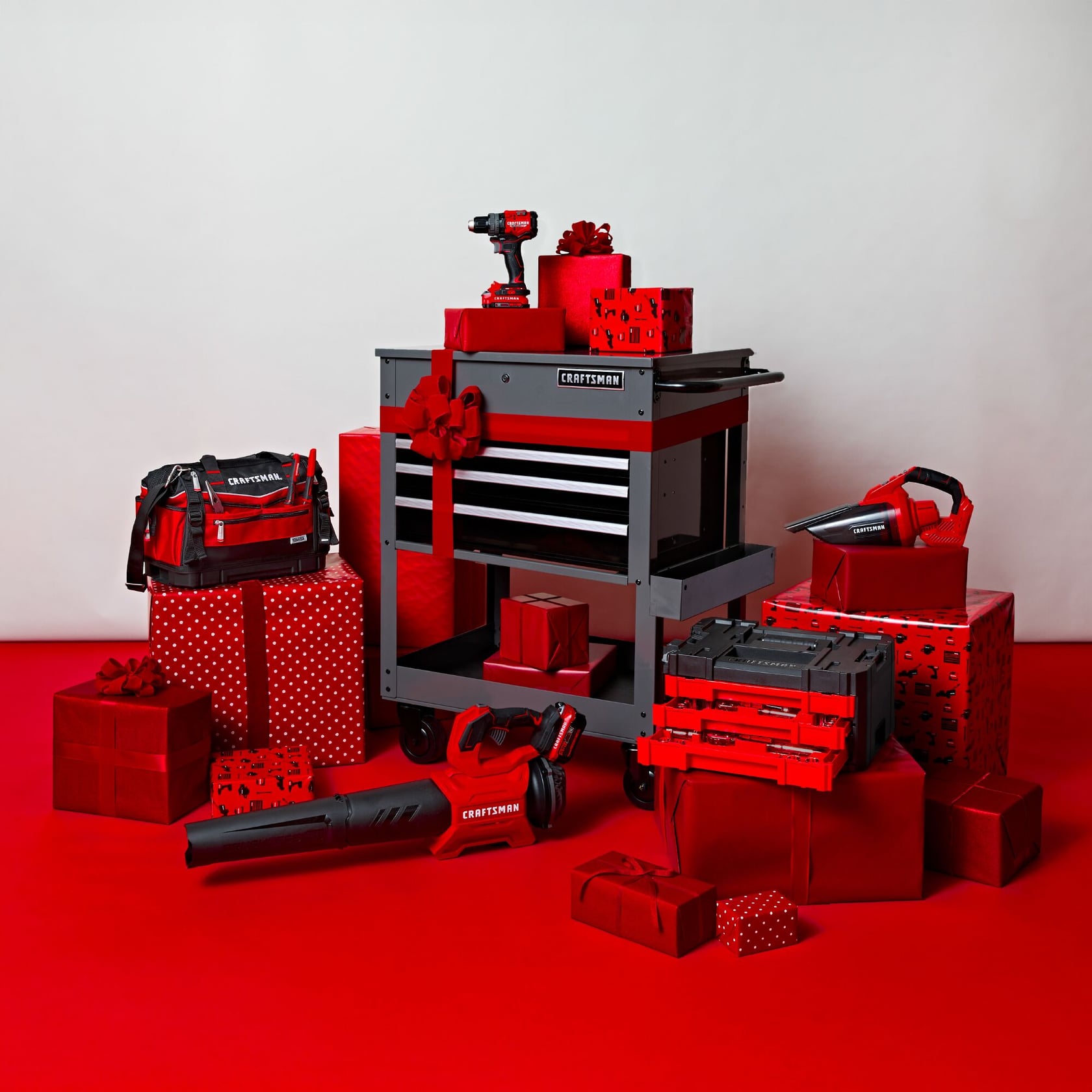 CRAFTSMAN hand tools, storage products, and outdoor products in a gif format with holiday decorations all around