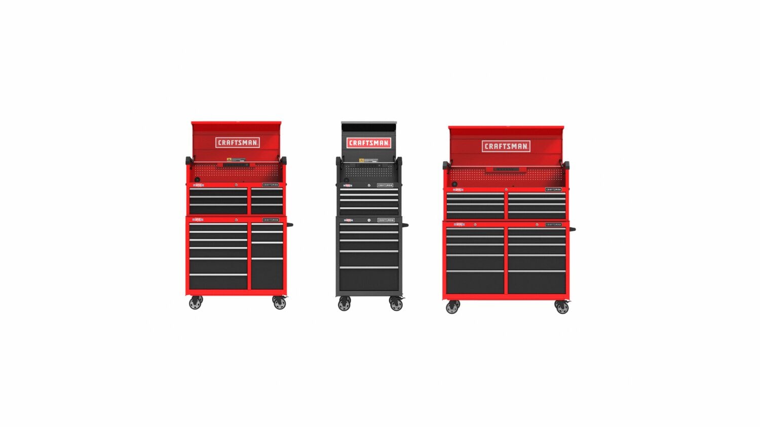 Craftsman Metal Storage Graphic on White Background with multiple red and black toolboxes