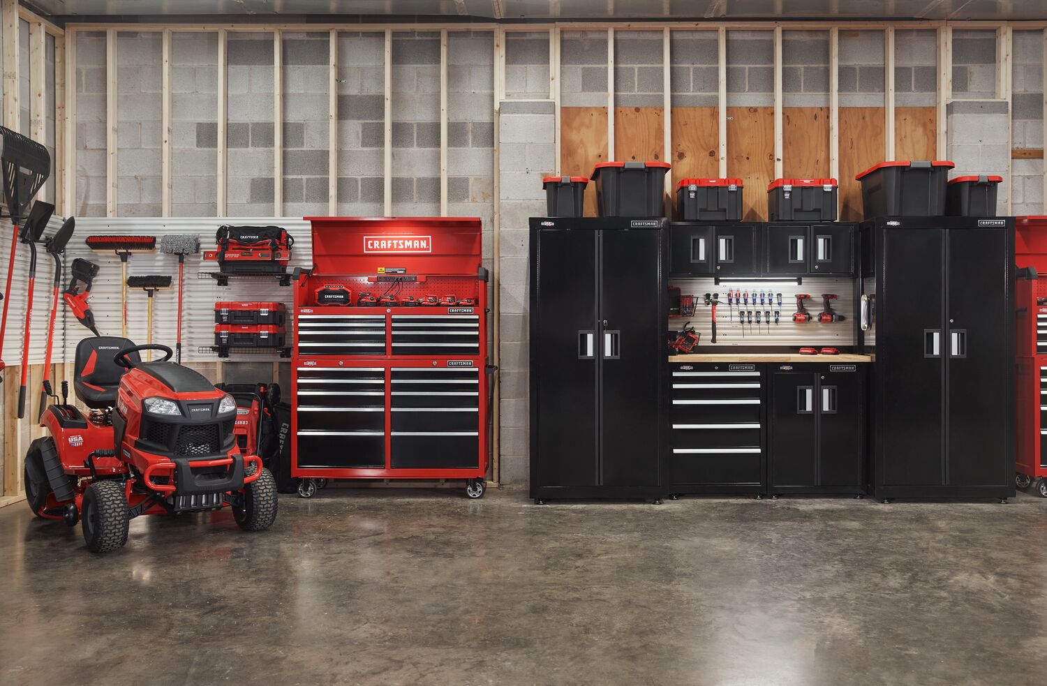 Garage filled with CRAFTSMAN storage, power tools, outdoor products, hand tools, and accessories.