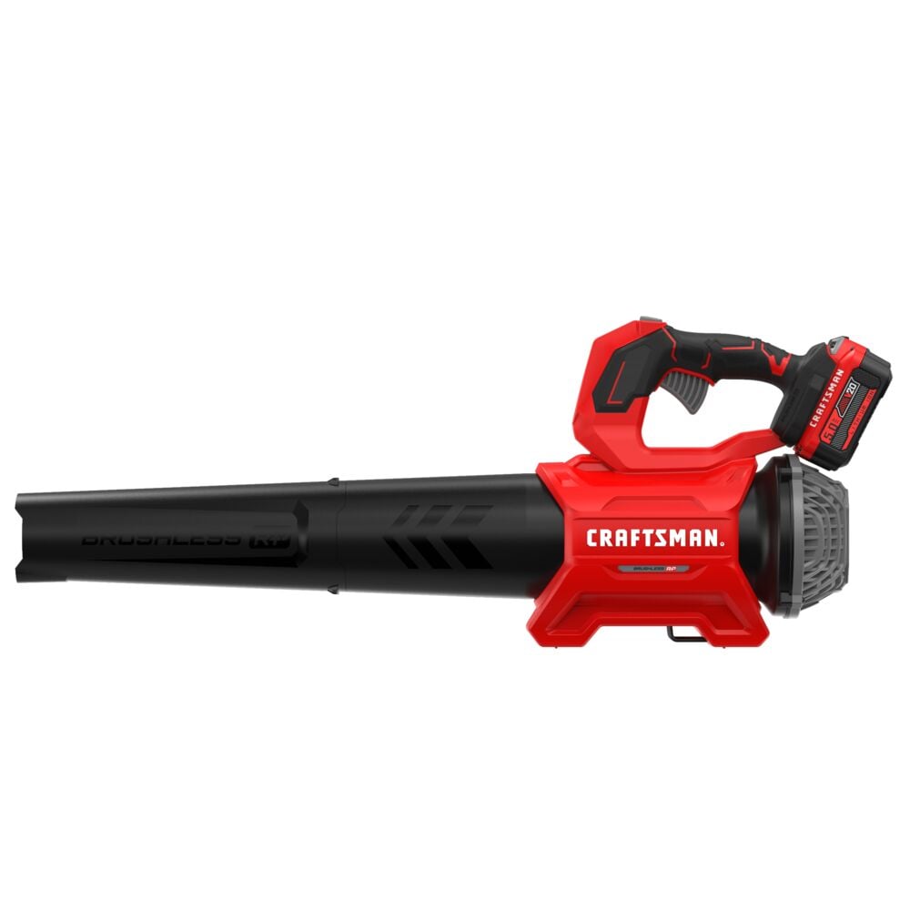 Craftsman cordless leaf blower, red and black design, side view, CMCBL730P1.