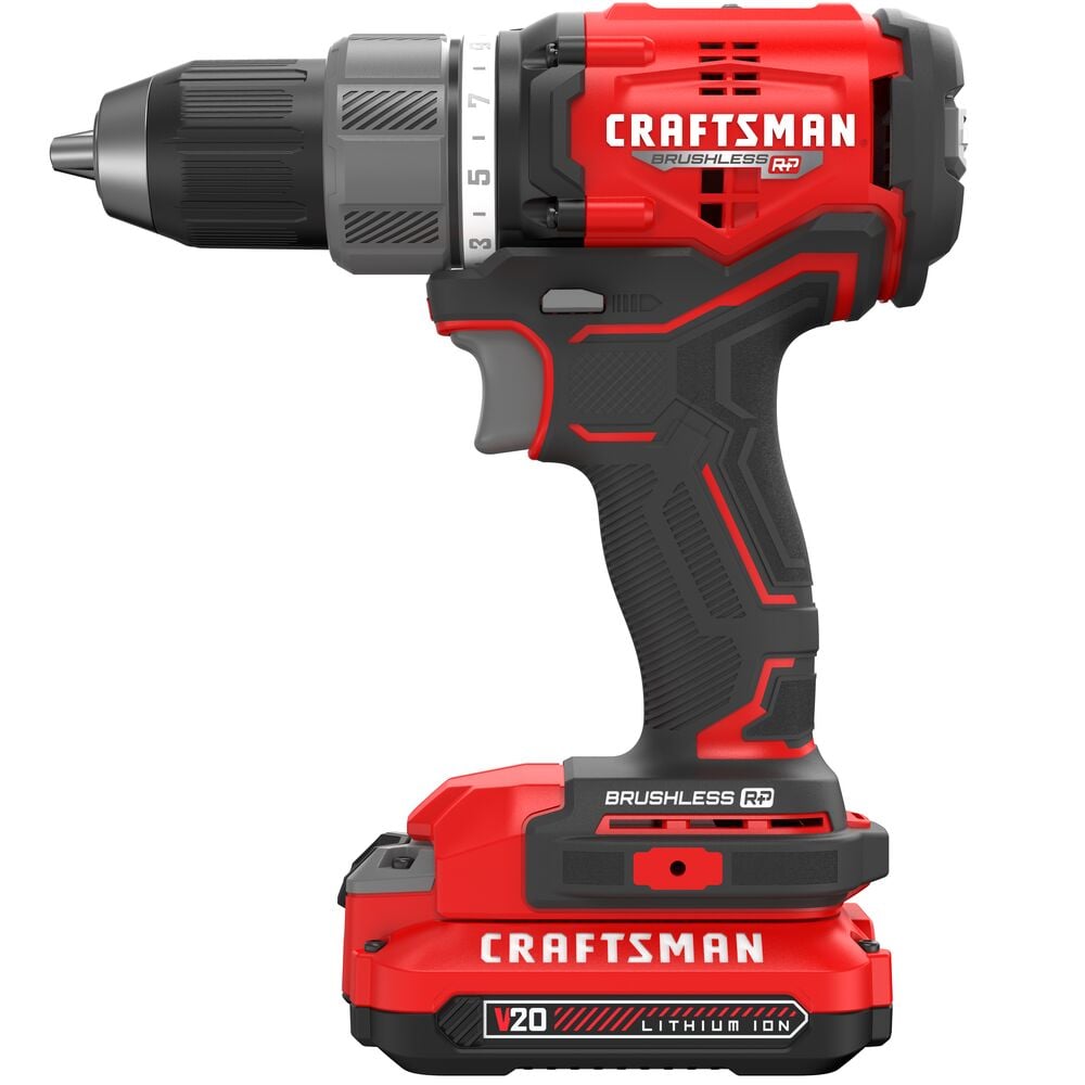 Photo of Craftsman cordless drill CMCD713C1 in red and black, side angle, brushless motor, V20 lithium-ion battery.