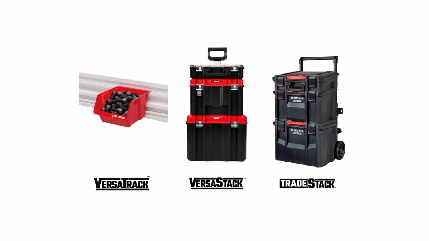Photo of three CRAFTSMAN storage solutions, SKU not specified. Includes VERSATRACK bin on wall, VERSASTACK tower, and TRADESTACK rolling tool box, front view.