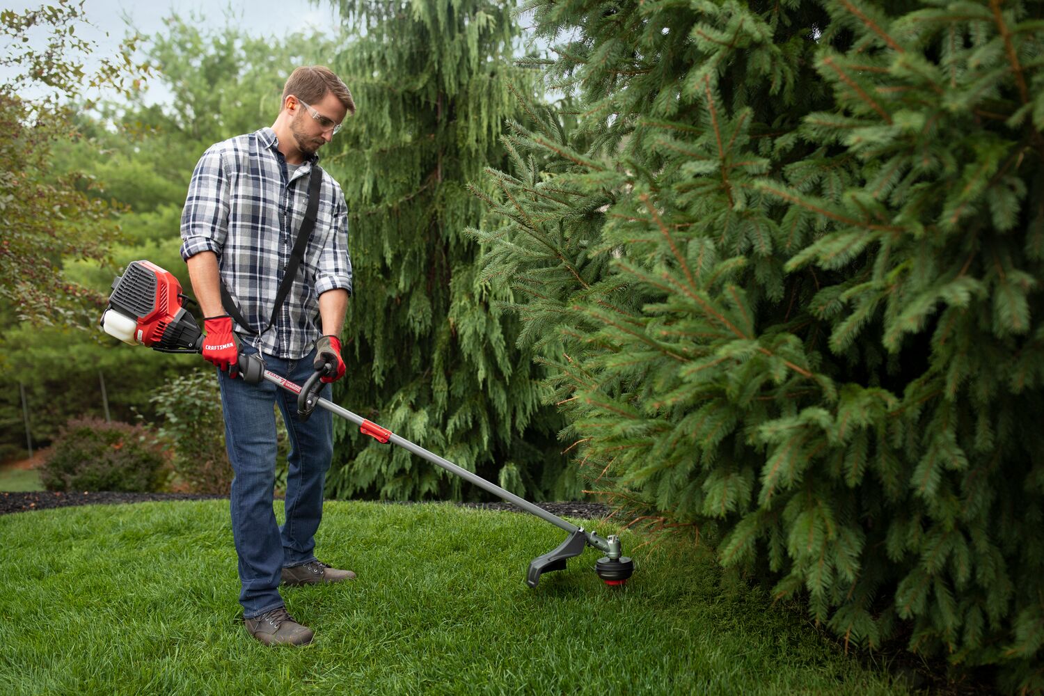 CRAFTSMAN WS4200 WEEDWACKER string trimming around flower bed near pine tree with plaid shirt