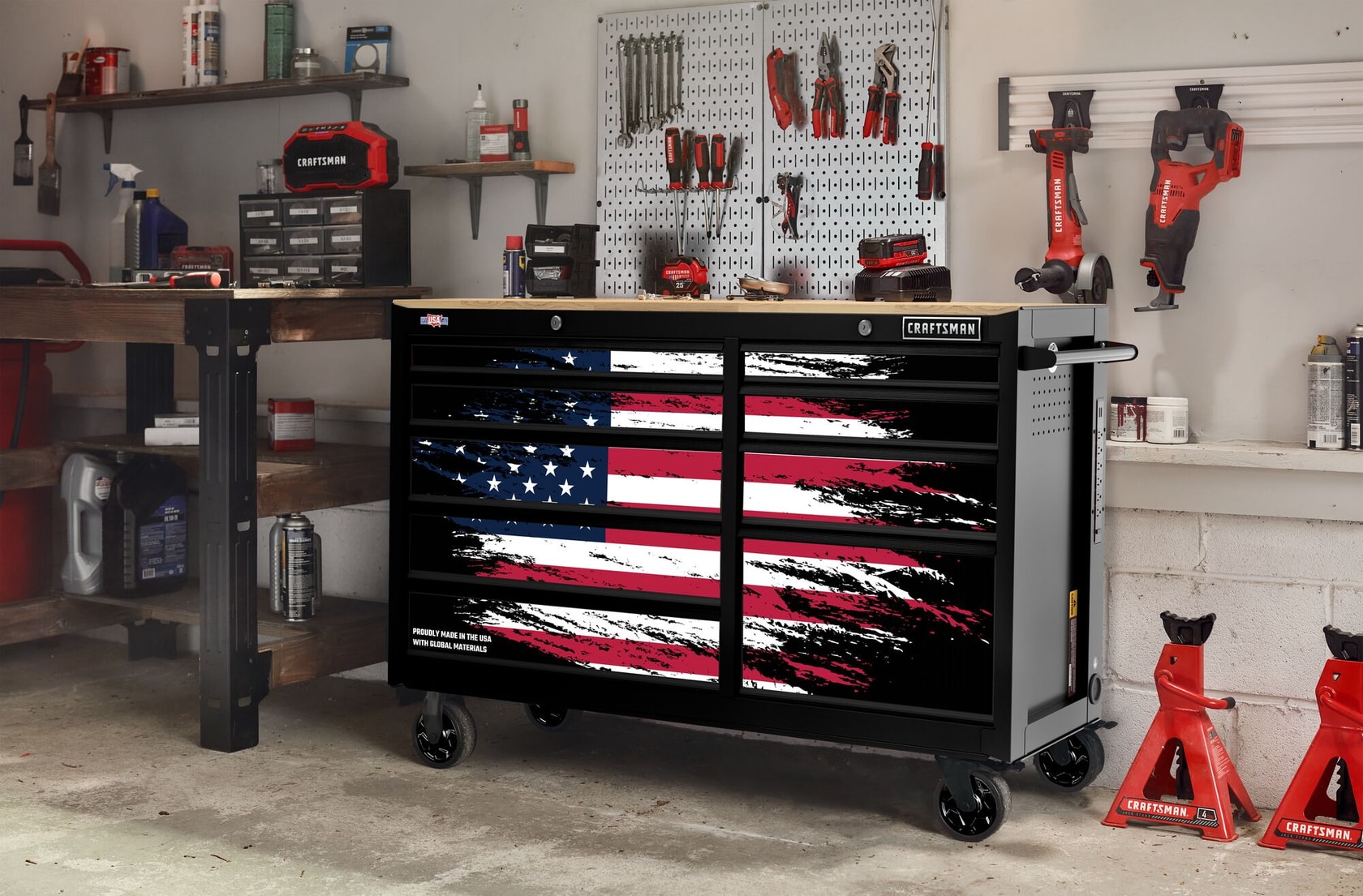 CRAFTSMAN® 63" 9-Drawer Patriotic Workstation in a garage