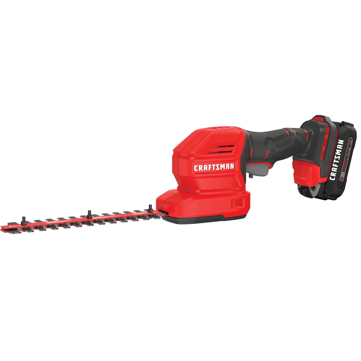 Craftsman V20 Cordless Shrubber Tool CMCPHT818C1 white background beauty shot right side angle.