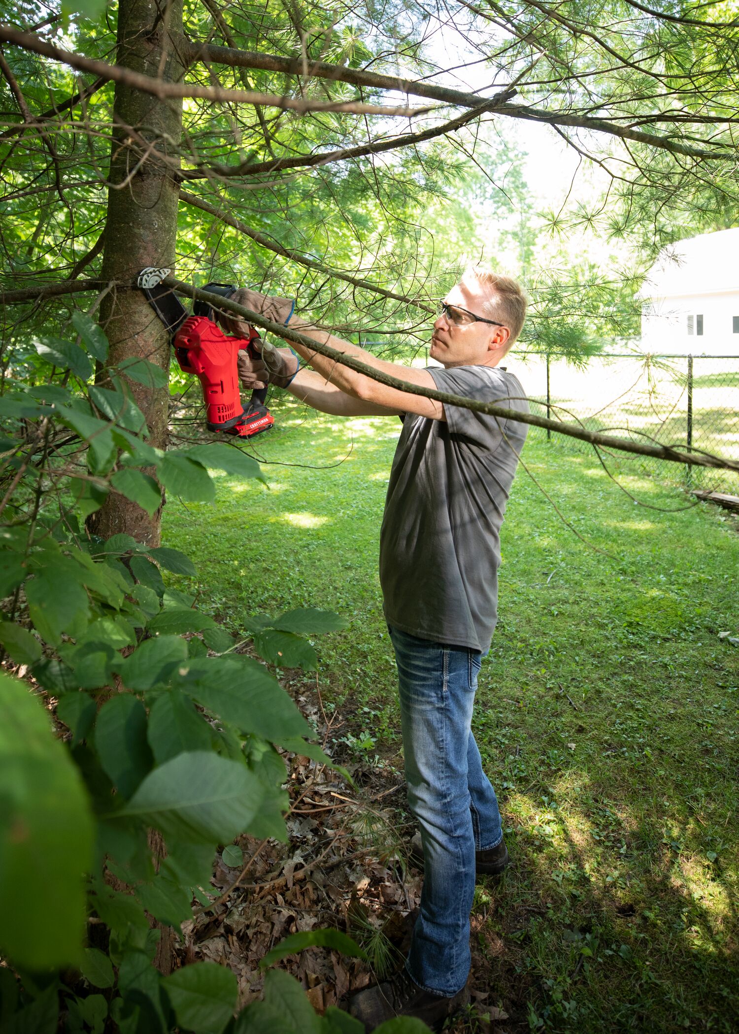 CRAFTSMAN V20 Pruning Chainsaw cutting a fallen tree with an up cut in a wooded area